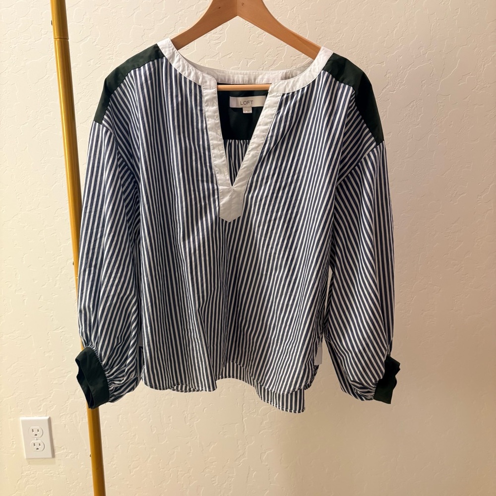 LOFT Navy and White Striped Top with Green Accents
